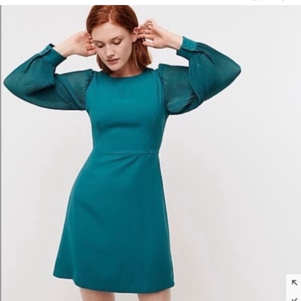 J.Crew Pleated Long Sleeve A line Dress Spicy Jade / Teal sz 00 / holiday dress